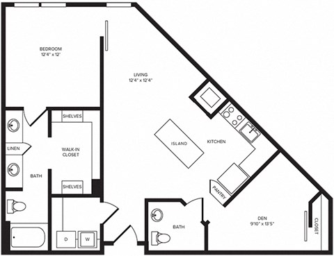 Floor plan for 1 bed, 1.5 baths, 969 sqft